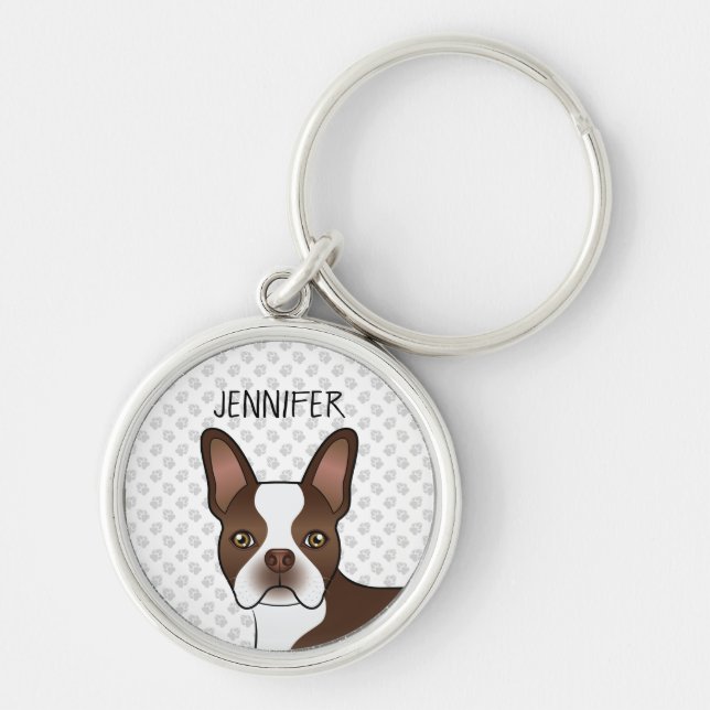 Brown Boston Terrier Cute Cartoon Dog Head & Name Keychain (Front)