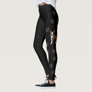 Brown Boston Terrier Cute Cartoon Dog & Paws Leggings