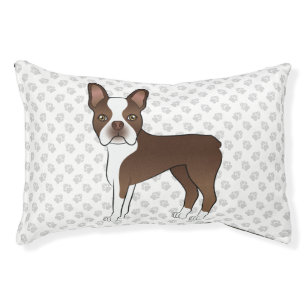Brown Boston Terrier Cute Cartoon Dog & Paws Pet Bed