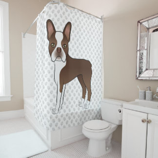 Brown Boston Terrier Cute Cartoon Dog &amp; Paws Shower Curtain