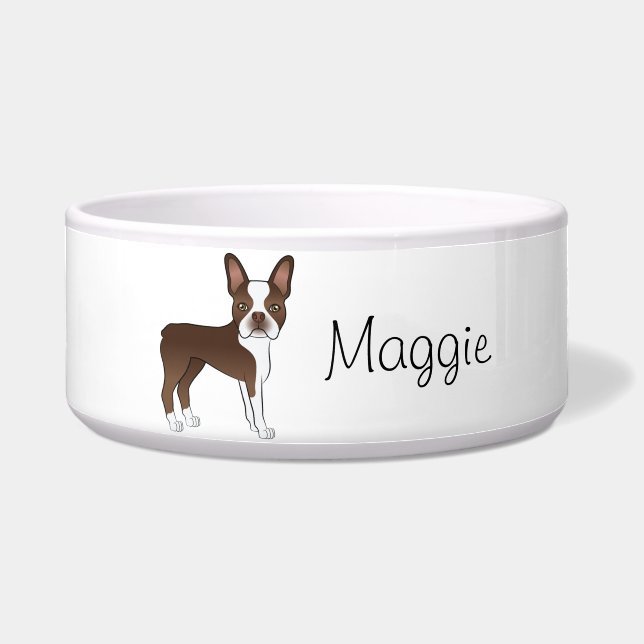 Brown Boston Terrier Cute Cartoon Dog With A Name Bowl (Front)