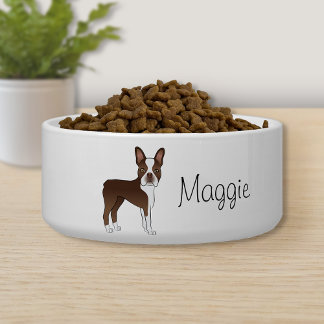 Brown Boston Terrier Cute Cartoon Dog With A Name Bowl