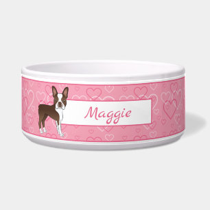 Brown Boston Terrier Dog On Pink Hearts And Name Bowl