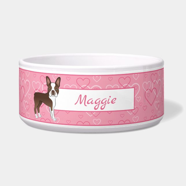 Brown Boston Terrier Dog On Pink Hearts And Name Bowl (Front)