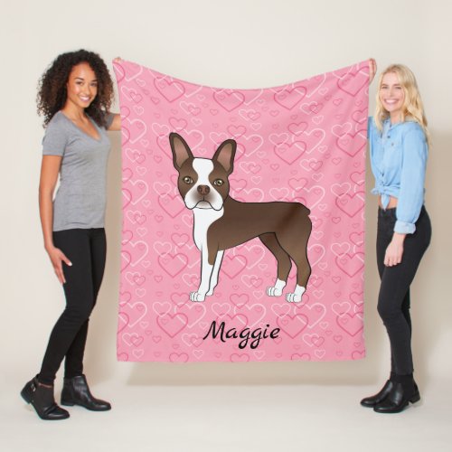 Brown Boston Terrier Dog On Pink Hearts And Name Fleece Blanket