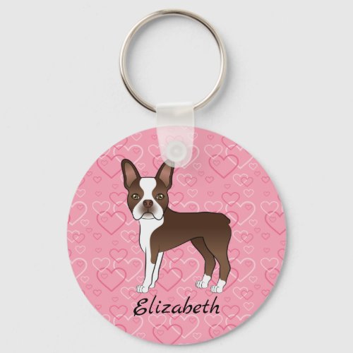 Brown Boston Terrier Dog On Pink Hearts And Name Keychain