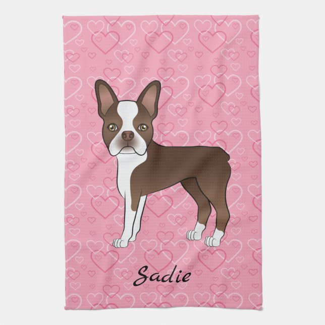Brown Boston Terrier Dog On Pink Hearts And Name Kitchen Towel (Vertical)