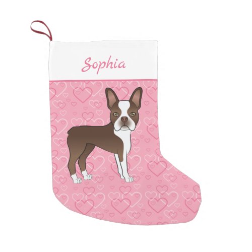 Brown Boston Terrier Dog On Pink Hearts And Name Small Christmas Stocking