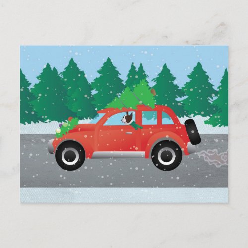Brown Boston Terrier Driving a Christmas Car Holiday Postcard