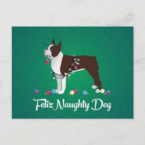 Brown Boston Terrier Feliz Naughty Dog Design Postcard