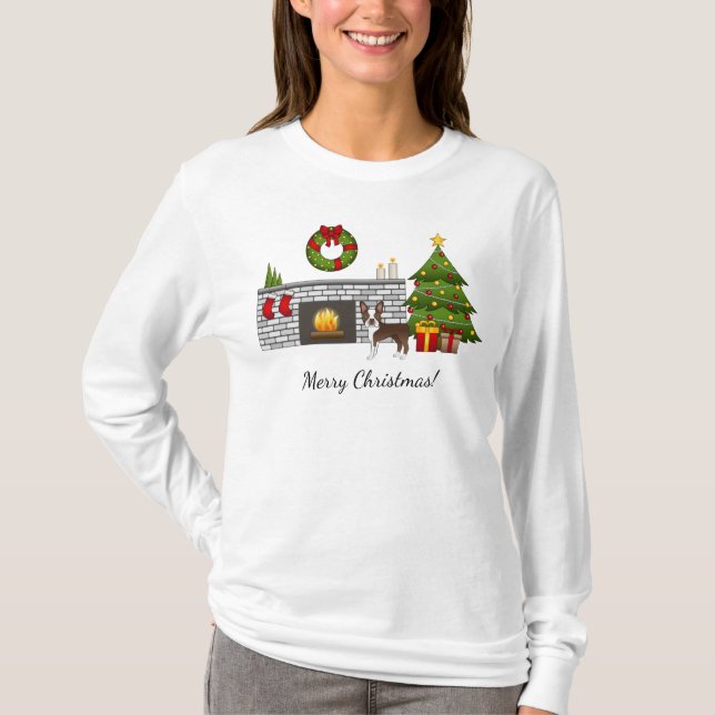 Brown Boston Terrier In A Festive Christmas Room T-Shirt (Front)
