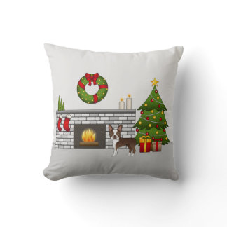 Brown Boston Terrier In A Festive Christmas Room Throw Pillow
