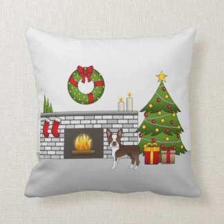 Brown Boston Terrier In A Festive Christmas Room Throw Pillow
