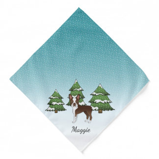 Brown Boston Terrier In A Winter Forest &amp; Name Bandana