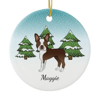 Brown Boston Terrier In A Winter Forest &amp; Name Ceramic Ornament