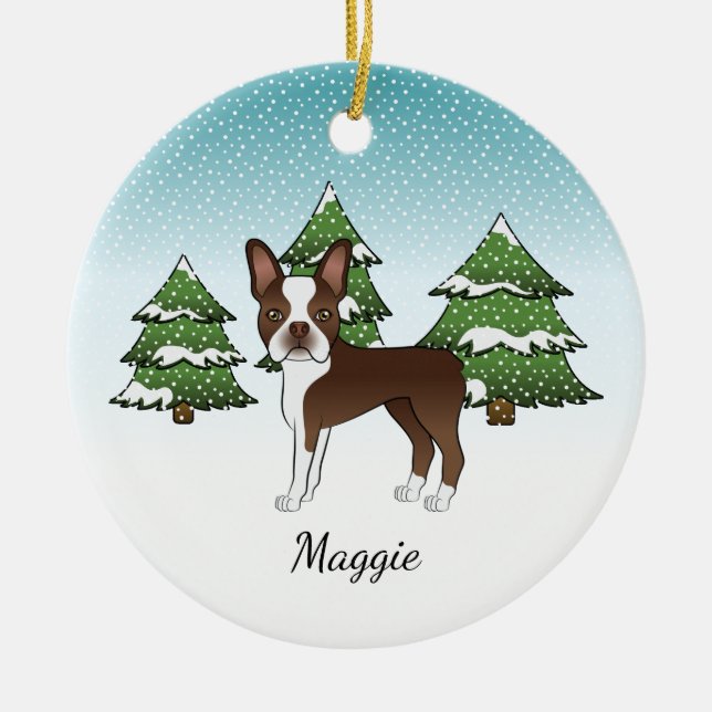 Brown Boston Terrier In A Winter Forest & Name Ceramic Ornament (Front)
