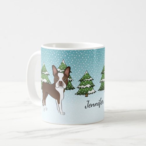 Brown Boston Terrier In A Winter Forest  Name Coffee Mug