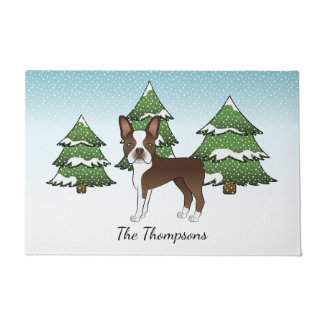 Brown Boston Terrier In A Winter Forest &amp; Name Doormat