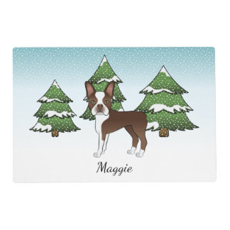 Brown Boston Terrier In A Winter Forest &amp; Name Placemat