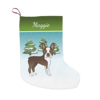 Brown Boston Terrier In A Winter Forest &amp; Name Small Christmas Stocking