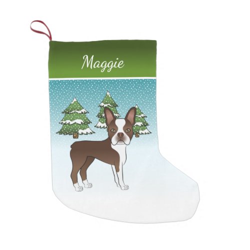 Brown Boston Terrier In A Winter Forest  Name Small Christmas Stocking