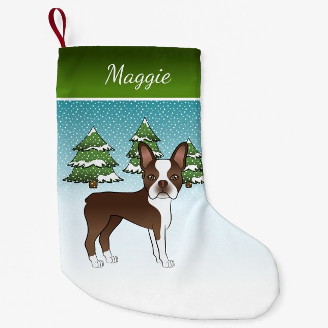 Brown Boston Terrier In A Winter Forest & Name Small Christmas Stocking (Front)