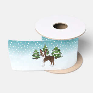 Brown Boston Terrier In A Winter Forest Satin Ribbon