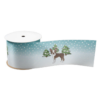 Brown Boston Terrier In A Winter Forest Satin Ribbon