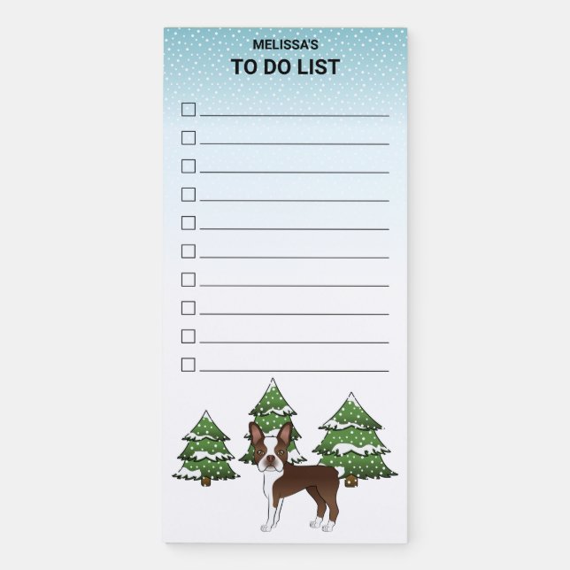 Brown Boston Terrier In A Winter Forest To Do List Magnetic Notepad (Front)