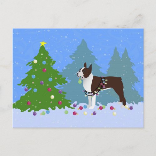 Brown Boston Terrier in Christmas Forest Holiday Postcard