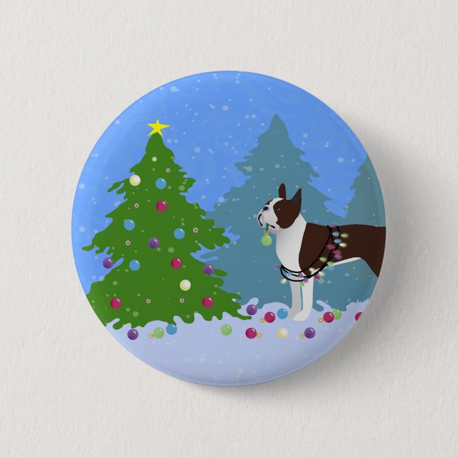 Brown Boston Terrier in Christmas Forest Pinback Button (Front)