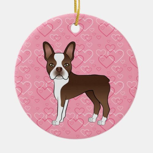 Brown Boston Terrier On Pink Hearts Pet Memorial Ceramic Ornament