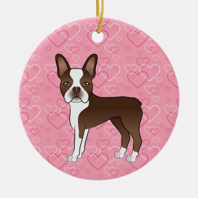 Brown Boston Terrier On Pink Hearts Pet Memorial Ceramic Ornament (Front)