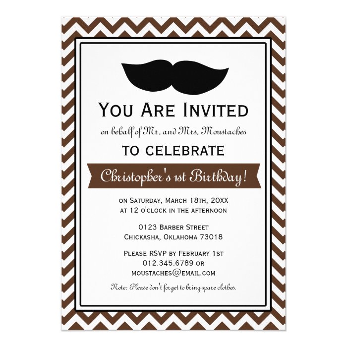 Brown Boy Moustache Chevron Birthday Party Personalized Invites