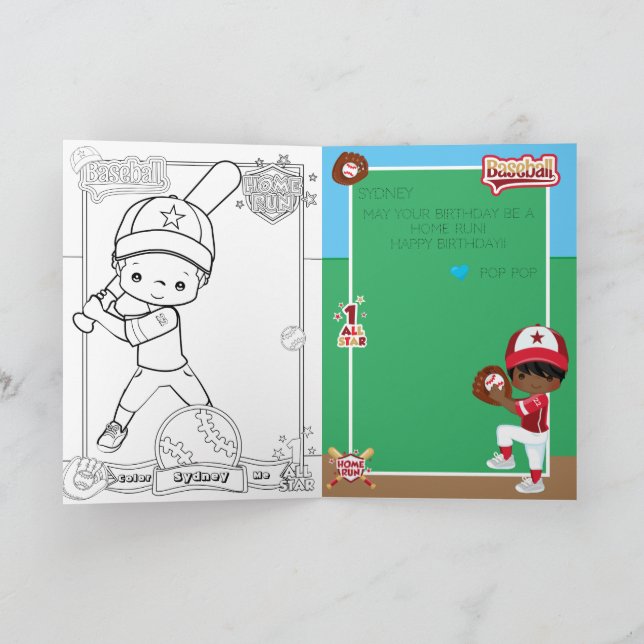 Brown Boys Baseball Coloring Page Happy Birthday Card (Inside)
