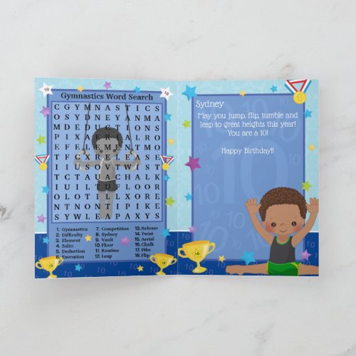 Brown Boys Gymnastics Word Search Happy Birthday Card