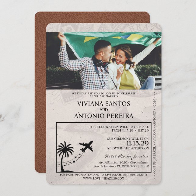 Brown Brazil Passport Wedding Invitation (Front/Back)