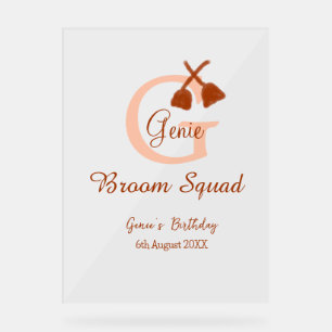 Brown broom Squad Birthday name peach monogram Acrylic Sign