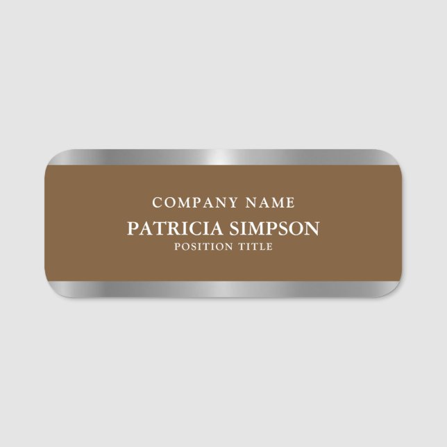 Brown Brushed Silver Metallic Elegance Name Tag (Front)