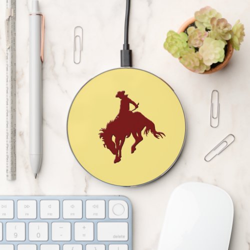 Brown Bucking Horse Cowboy on Pale Gold Wireless Charger