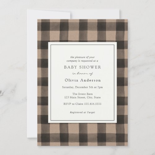 Brown Buffalo Plaid Baby Shower Invitation