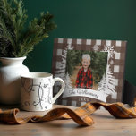 Brown Buffalo Plaid Rustic Pine Tree Family Photo Plaque<br><div class="desc">Rustic farm fresh Christmas trees family photo keepsake plaque. The plaque can be customized with the family name,  the year,  and the photo. brown checkerboard plaid background with rustic pine trees and snowflakes. The family name is displayed in a white banner. Artwork by Moodthology Papery.</div>