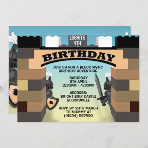 Brown Building Blocks Castle Birthday Invitations