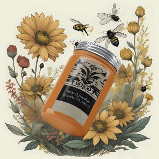 Brown Bumble Bee Damask Save the Date Label