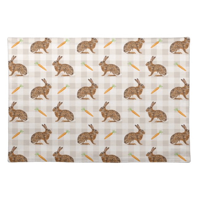 Brown Bunnies And Carrots Beige Hare Pattern Cloth Placemat (Front)