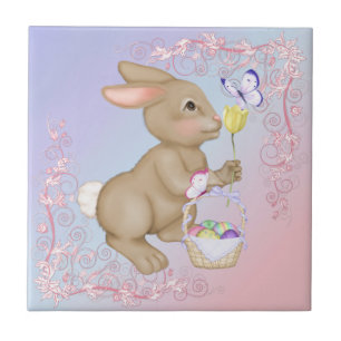 Brown Bunny and Egg Basket Ceramic Tile