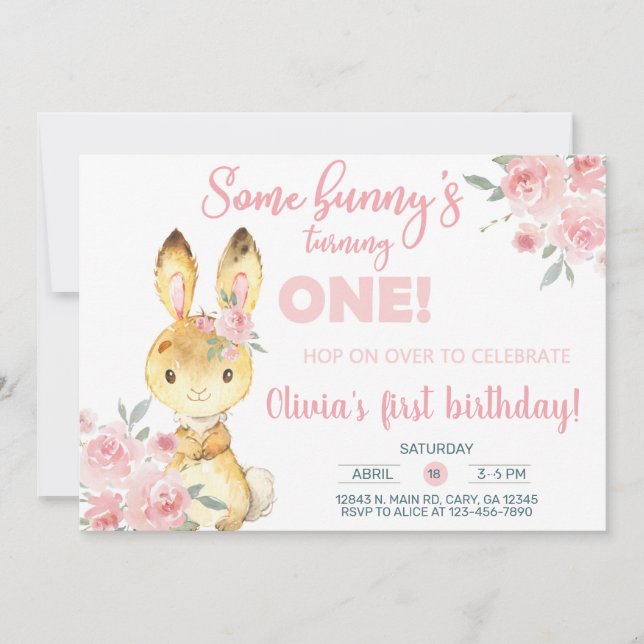 Brown bunny and pink flowers girl invite. invitation (Front)