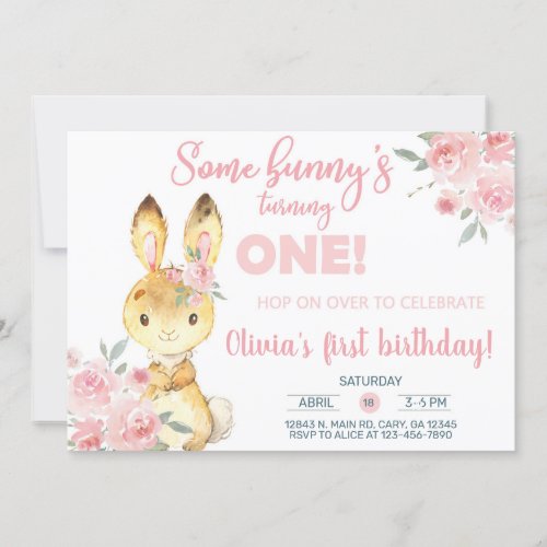 Brown bunny and pink flowers girl invite invitation