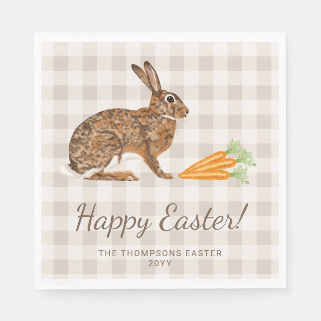 Brown Bunny Hare And Carrots Happy Easter Beige Napkins (Front)