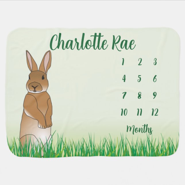 Brown Bunny in Grass Design Monthly Milestone  Baby Blanket (Horizontal)